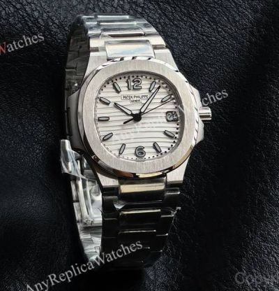 RRR Factory Patek Philippe Nautilus Cal.E 23-250SC Movement 32mm White Embossed Wave Pattern Face WG Bezel Women Watch